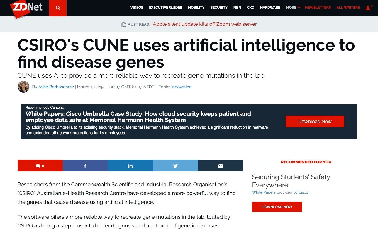 ZDNet: CSIRO's CUNE uses artificial intelligence to find disease genes