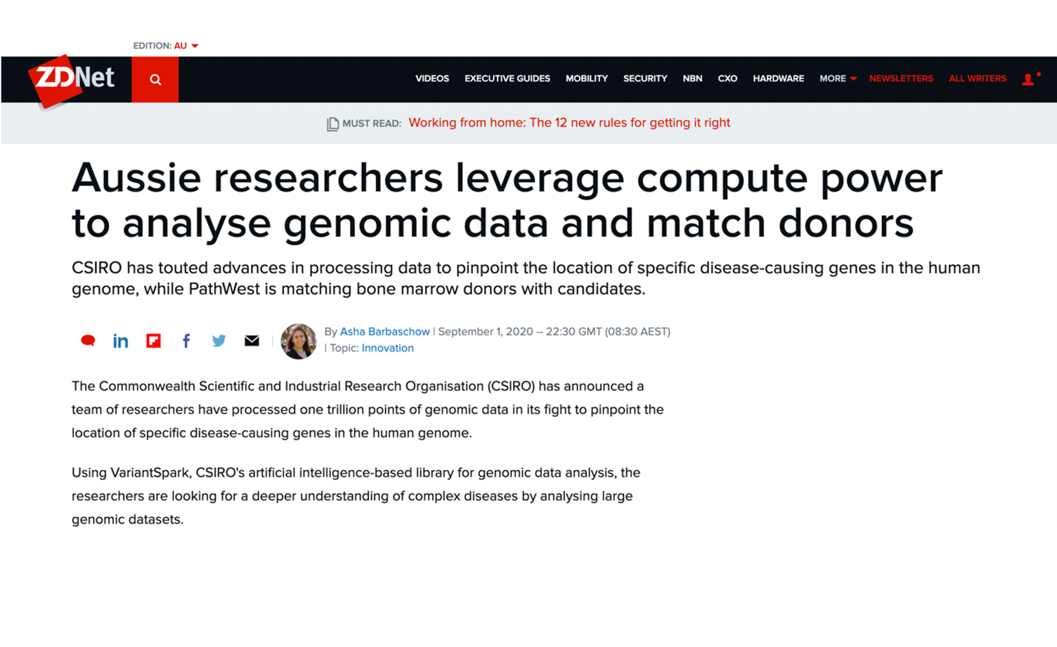 ZDNet: Aussie researchers leverage compute power to analyse genomic data and match donors