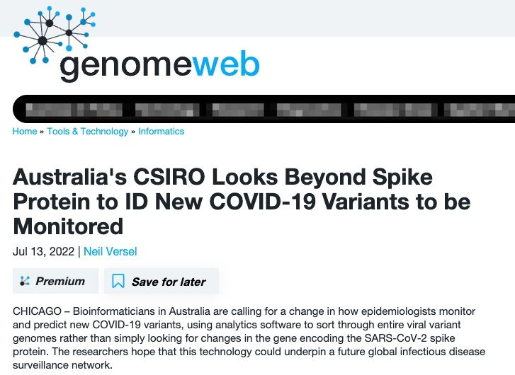 GenomeWeb: Australia's CSIRO Looks Beyond Spike Protein to ID New COVID-19 Variants to be Monitored