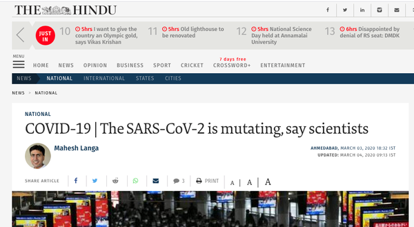 The Hindu: The SARS-CoV-2 is mutating, say scientists