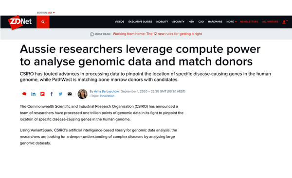 ZDNet: Aussie researchers leverage compute power to analyse genomic data and match donors