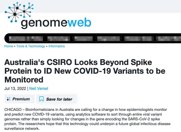 GenomeWeb: Australia's CSIRO Looks Beyond Spike Protein to ID New COVID-19 Variants to be Monitored